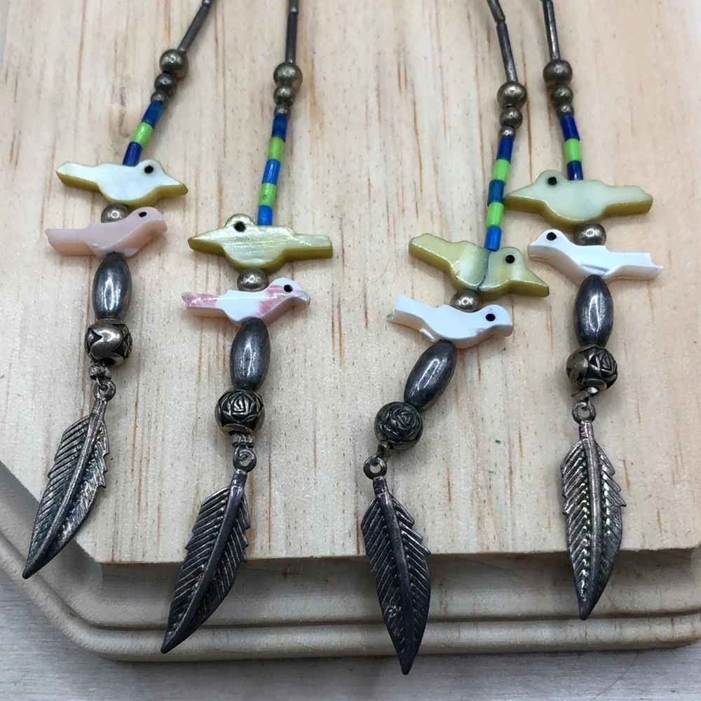 Upcycled Native American Totem Birds Long Dangle Hair Clips Lot 2 Festival Boho